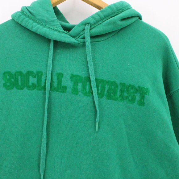 Social Tourist Hoodie Mens Green Pullover Drawstring Big Logo Graphic Small S - Picture 2 of 10